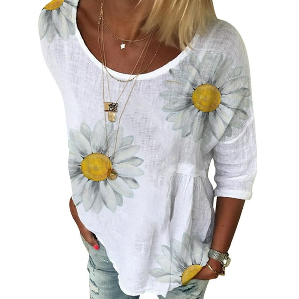 Boho Women Summer Daisy Floral T Shirt Ladies Casual Loose Tops Blouse Plus Size
